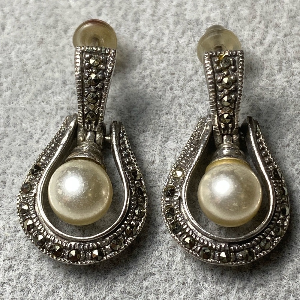 Solid Sterling Silver Pearl Swivel Horseshoe Earrings 925